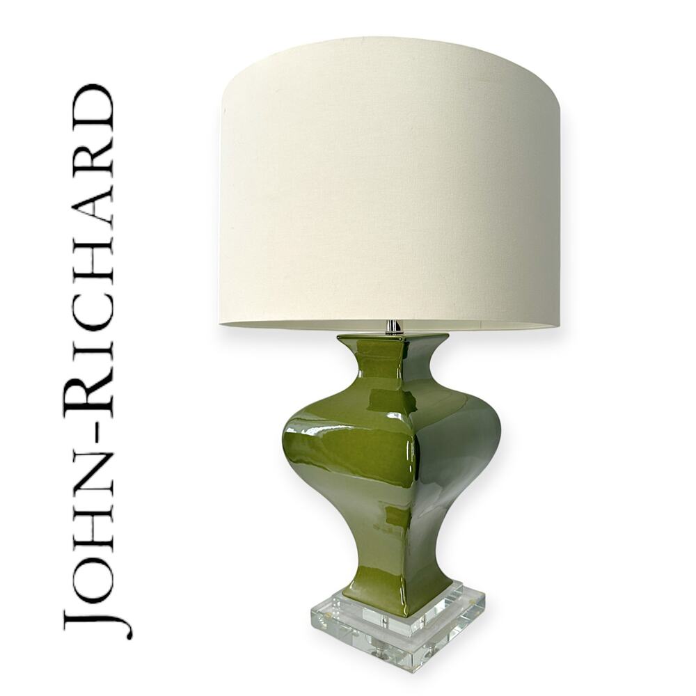 John-Richard Ceramic Peridot on Clear Stacked Glass Base Table Lamp w/Drum Shade
